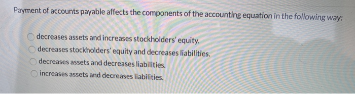 Solved Payment of accounts payable affects the components of | Chegg.com