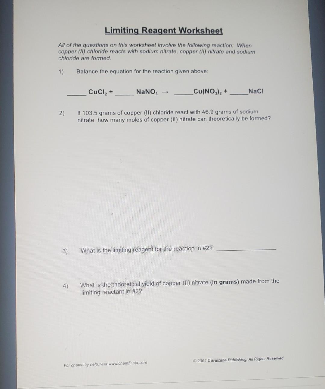 Solved Limiting Reagent Worksheet All of the questions on