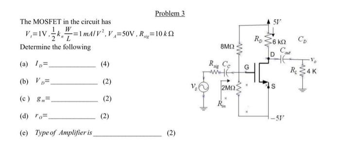 Solved The MOSFET In The Circuit Has V1=1 V,21knLW=1 | Chegg.com