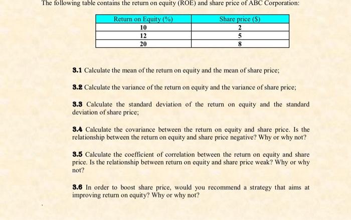 Solved 8.1 Calculate the mean of the return on equity and | Chegg.com