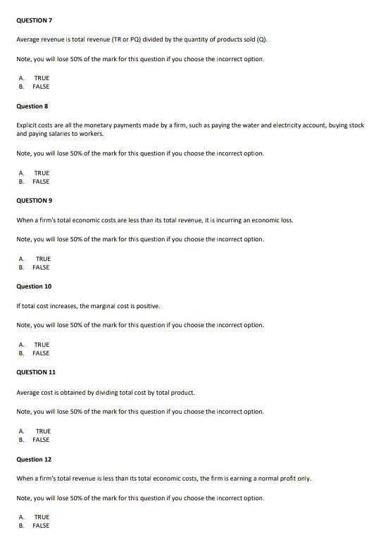 Total Revenue Example Questions Solved QUESTION 7 Average revenue is total revenue (TR or | Chegg.com