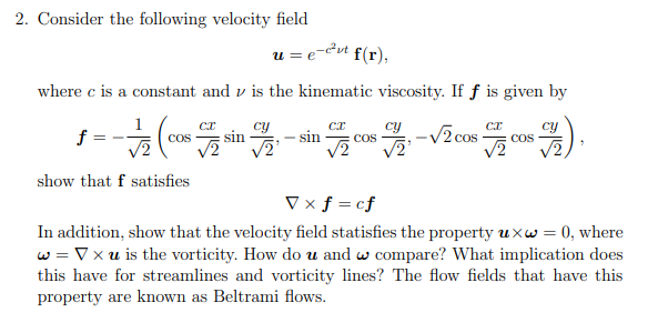 Solved 2. Consider the following velocity field | Chegg.com