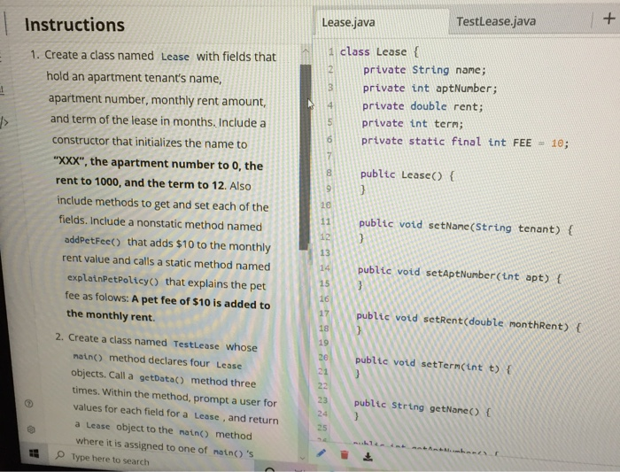 Solved Lease.java TestLease.java 1 class Lease { private | Chegg.com