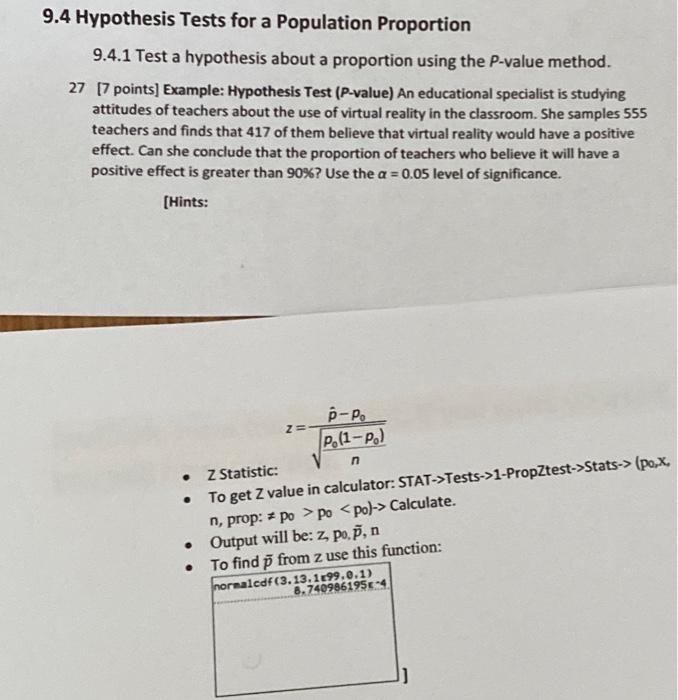 9.4 Hypothesis Tests for a Population Proportion | Chegg.com