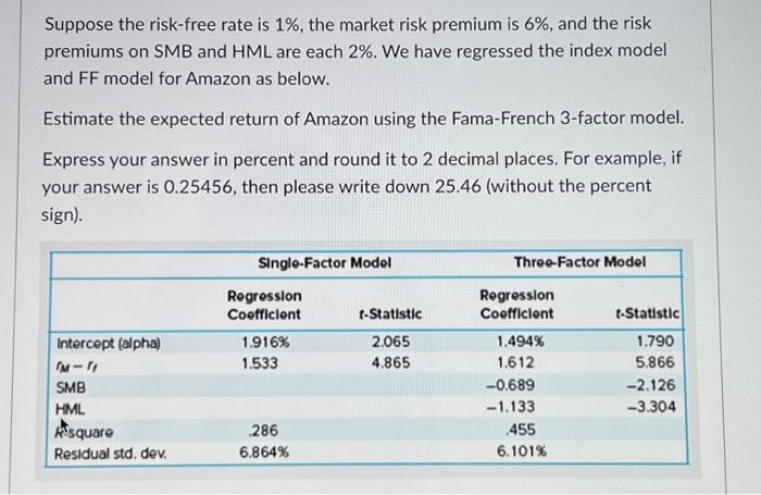 Solved Suppose the risk-free rate is 1%, the market risk | Chegg.com
