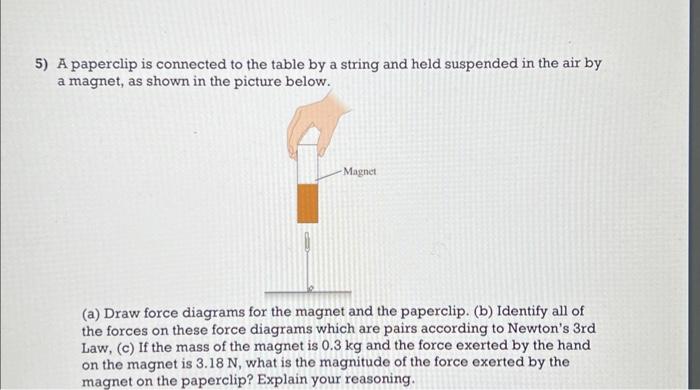 5) A paperclip is connected to the table by a string and held suspended in the air by a magnet, as shown in the picture below