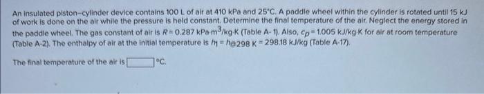 Solved An insulated piston-cylinder device contains 100 L of | Chegg.com