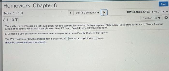 Solved Save Homework: Chapter 8 Score: 0 of 1 pt HW Score: | Chegg.com