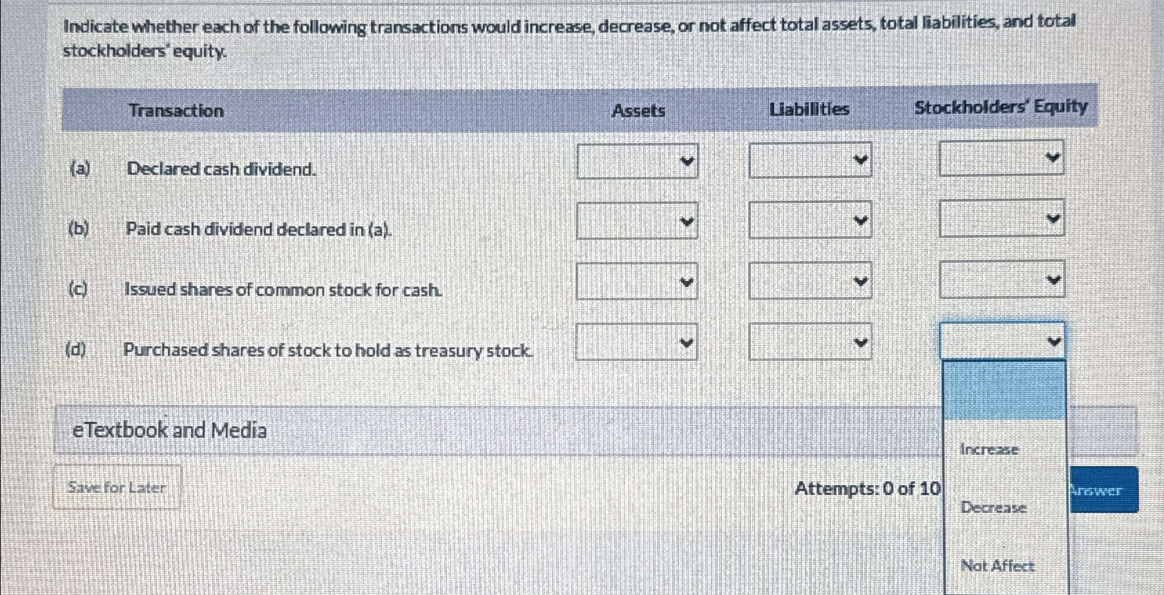 Solved Indicate Whether Each Of The Following Transactions | Chegg.com