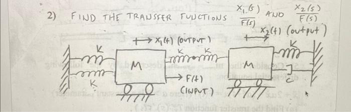 2) FIND THE TRANSFER FUNCTIONS \( \frac{x_{i}(s)}{F(s)} \) AND \( \frac{x_{2}(s)}{F(s)} \)