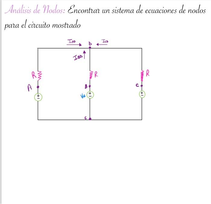 Análisis de Nodos: Encontrar un sistema de ecuaciones de nodos para el circuito mostrado