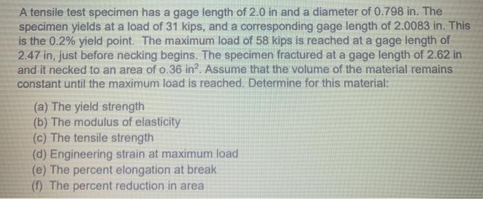 Solved A tensile test specimen has a gage length of 2.0 in | Chegg.com