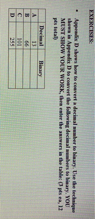 EXERCISES: • Appendix D shows how to convert a decimal number to binary. Use the technique shown in Appendix D to convert the