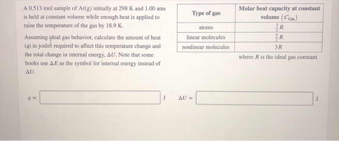 Solved Type of gas Molar heat capacity at constant volume | Chegg.com