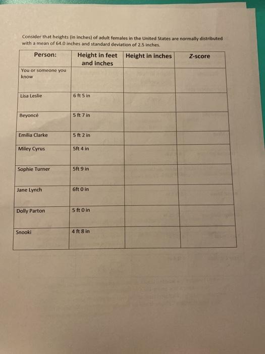 Solved Standardizing the normal variable height for adult | Chegg.com