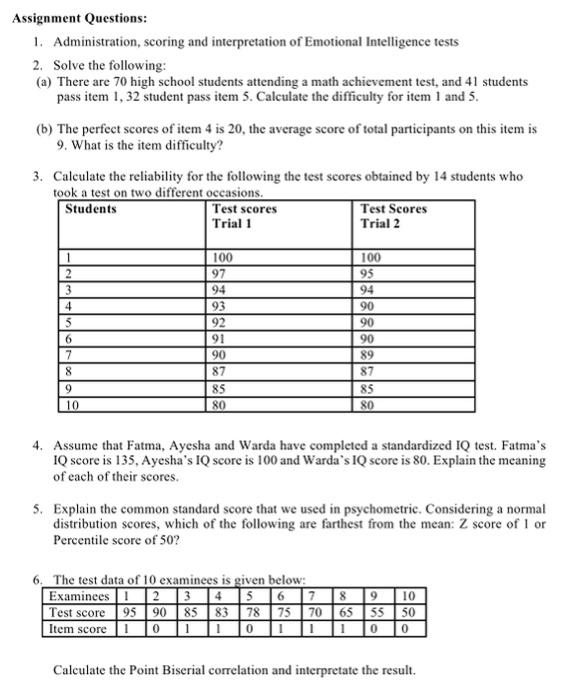 Solved Assignment Questions: 1. Administration, scoring and | Chegg.com