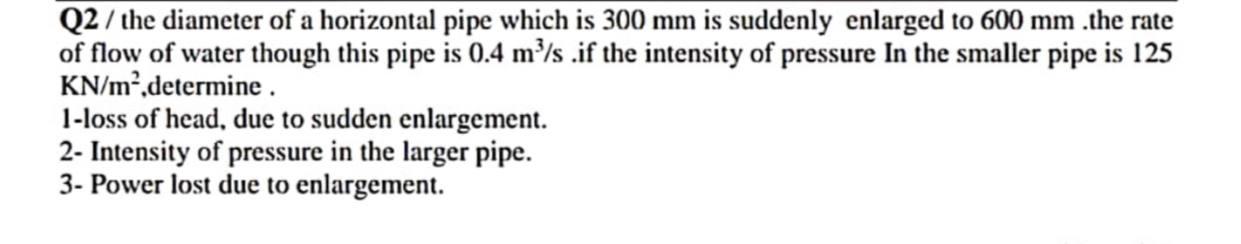 Solved Q2 / the diameter of a horizontal pipe which is 300 | Chegg.com
