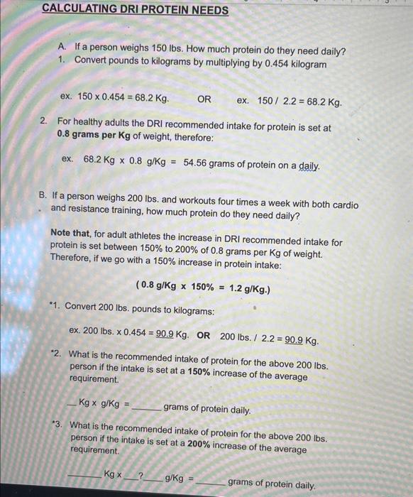 Solved Protein Requirements calculate your daily protein Chegg