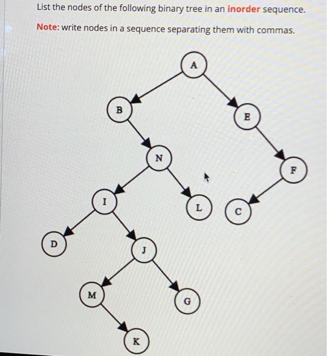 Solved List the nodes of the following binary tree in an | Chegg.com