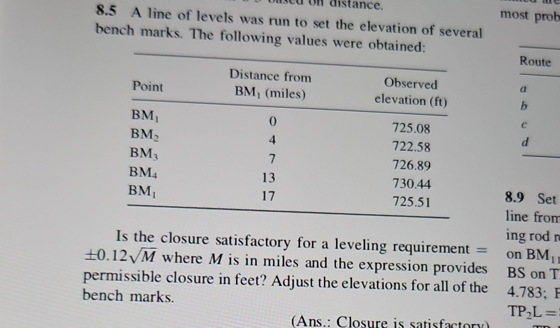 Solved 8.5 A Line Of Levels Was Run To Set The Elevation Of | Chegg.com