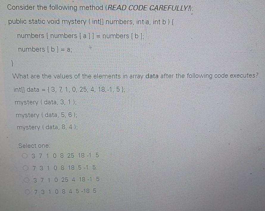 Solved Consider the following method (READ CODE CAREFULLY!): | Chegg.com