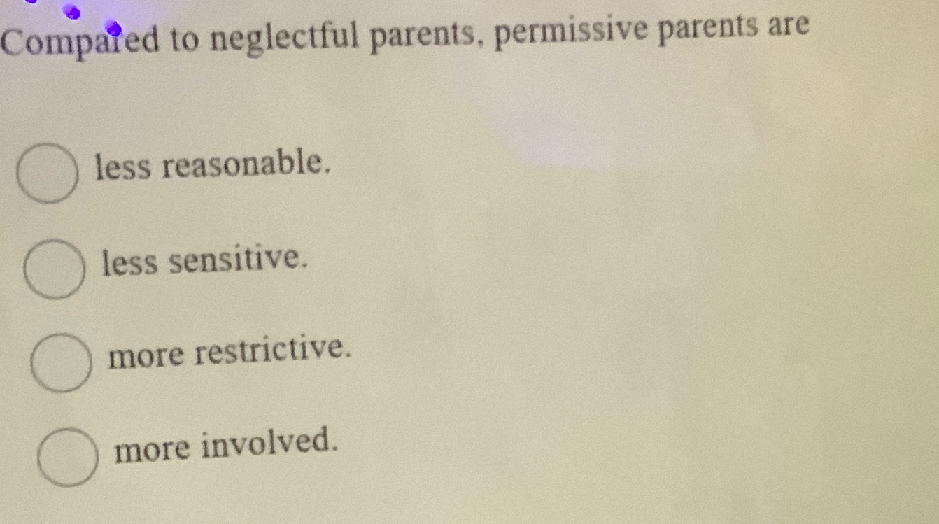 Solved Compared to neglectful parents, permissive parents | Chegg.com