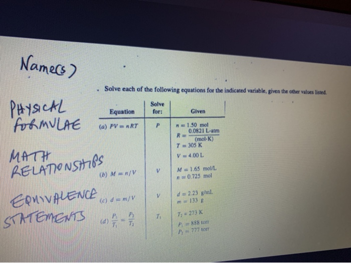 Solved Name(s) Solve each of the following equations for the | Chegg.com