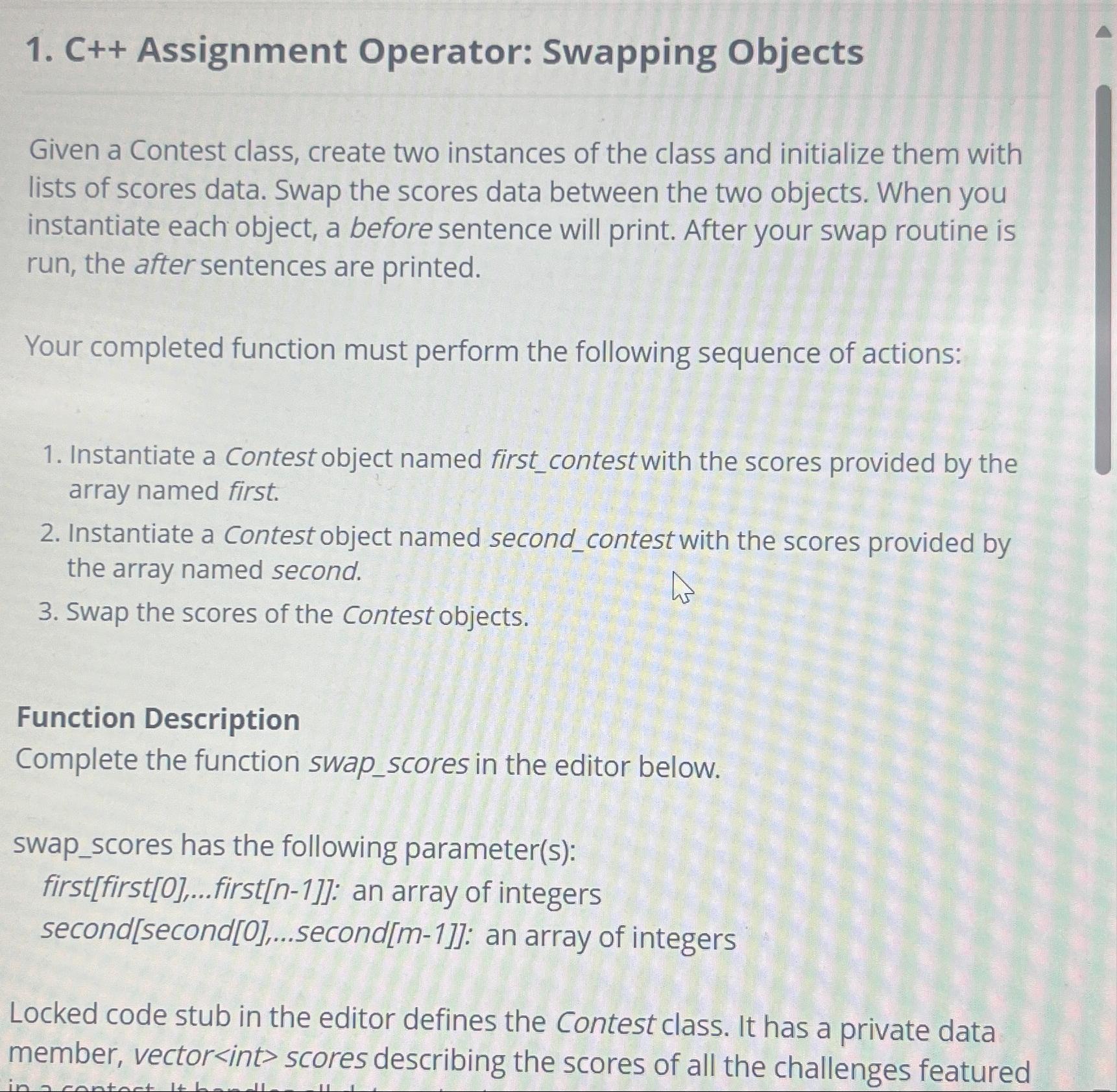 copy assignment operator swapping objects hackerrank