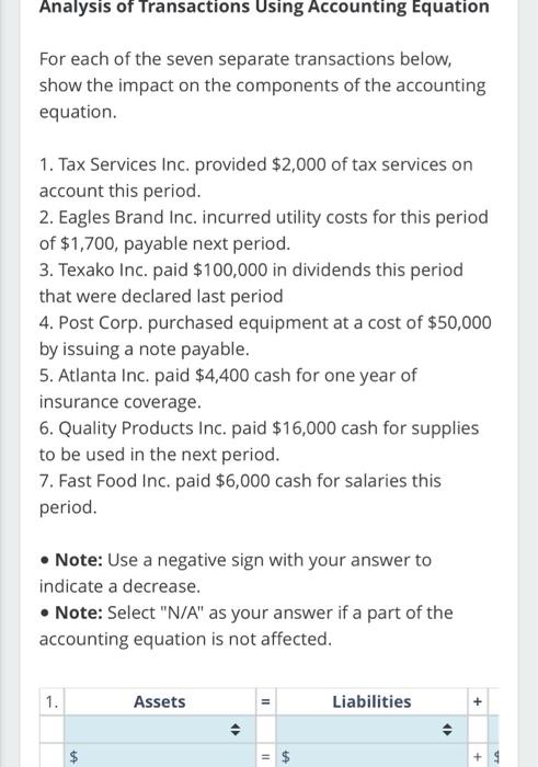 Solved Analysis Of Transactions Using Accounting Equation | Chegg.com