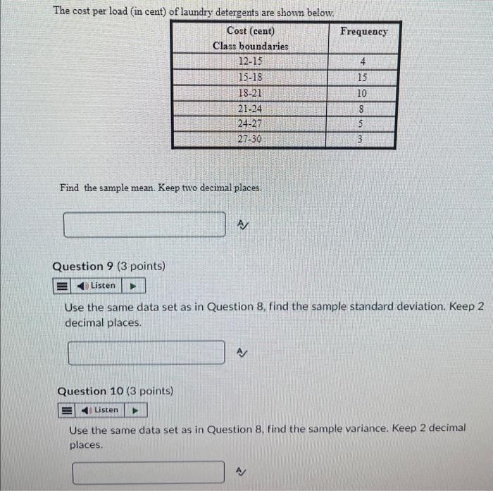 Solved The cost per load (in cent) of laundry detergents are