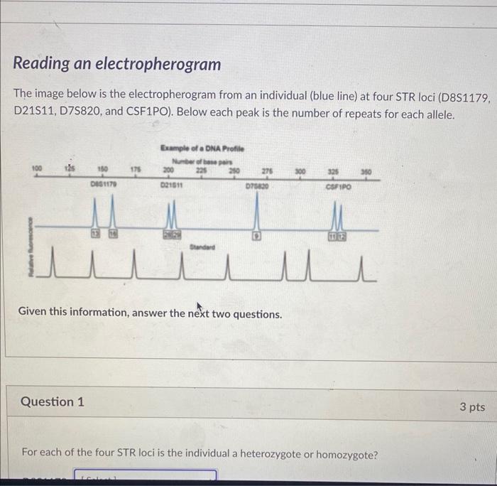Reading an electropherogram
The image below is the electropherogram from an individual (blue line) at four STR loci (D8S1179,