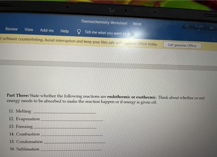 Solved Thermochemistry Worksheet Word Review View Addins