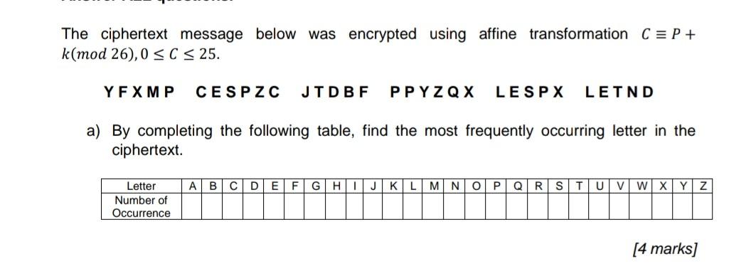 Solved The ciphertext message below was encrypted using | Chegg.com