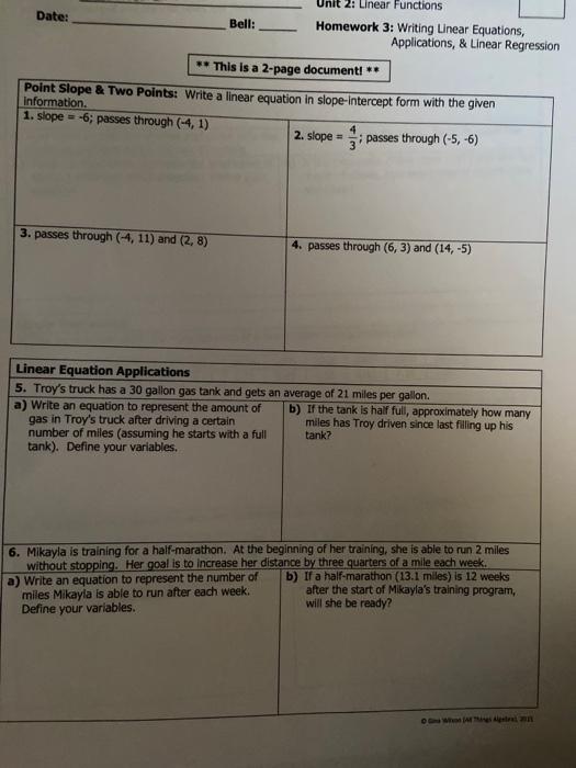 Unit 2 Linear Functions Homework 2 Standard And Slope Intercept Form