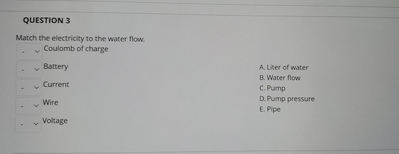 Solved QUESTION 3 Match the electricity to the water flow. | Chegg.com