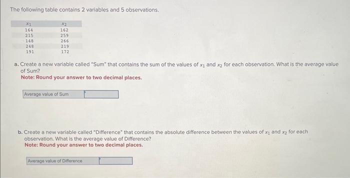 Solved The following table contains 2 variables and 5 | Chegg.com