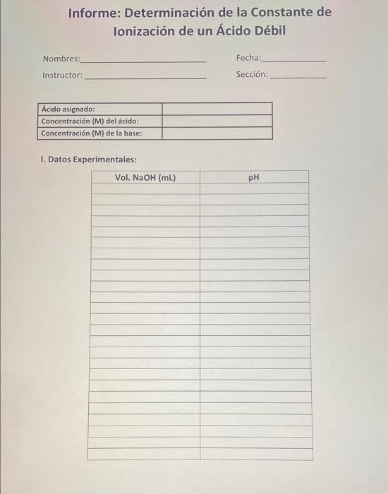 Informe: Determinación de la Constante de lonización de un Ácido Débil Nombres: Fecha: Instructor: Sección: Ácido asignado: C