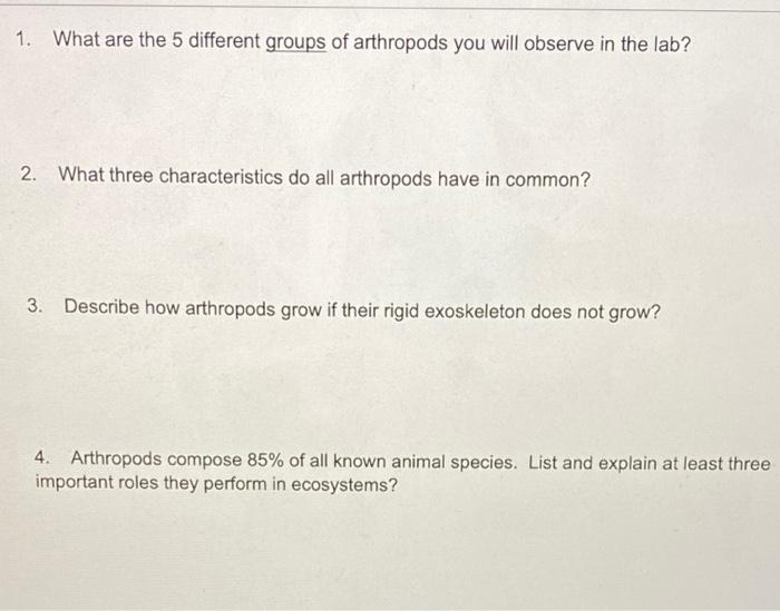 Solved 1. What are the 5 different groups of arthropods you | Chegg.com