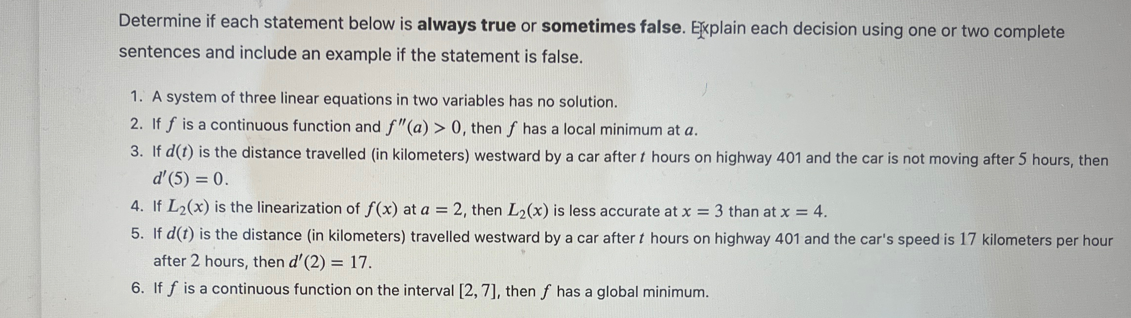 Solved Determine if each statement below is always true or | Chegg.com