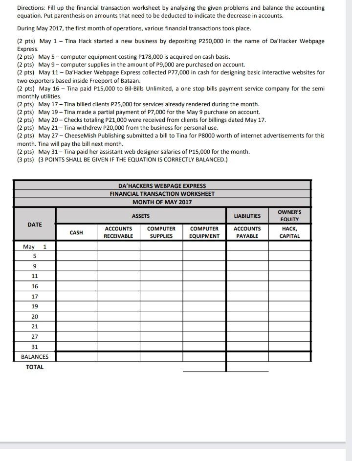 Financial Transaction Worksheet Example