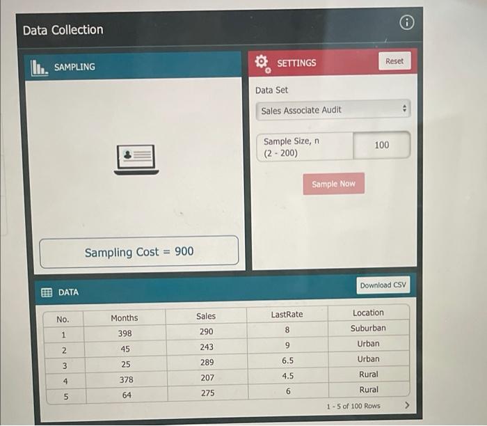 Solved Data Collection SETTINGS Reset I... SAMPLING Data Set | Chegg.com