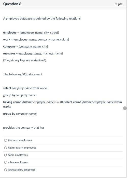 Solved A employee database is defined by the following | Chegg.com