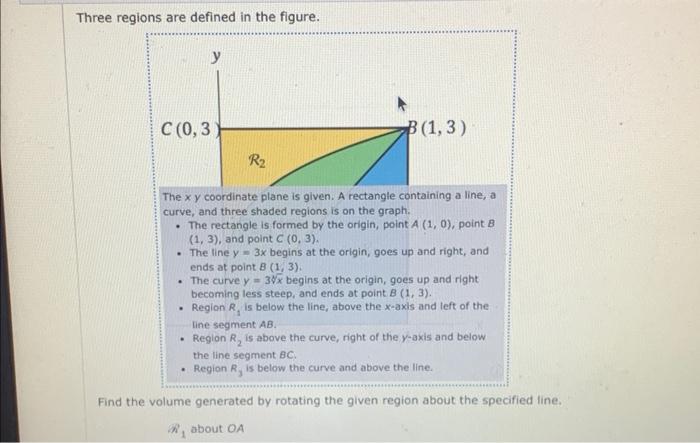 Three regions are defined in the figure.
The \( x y \) coordinate plane is given. A rectangle containing a line, a curve, and