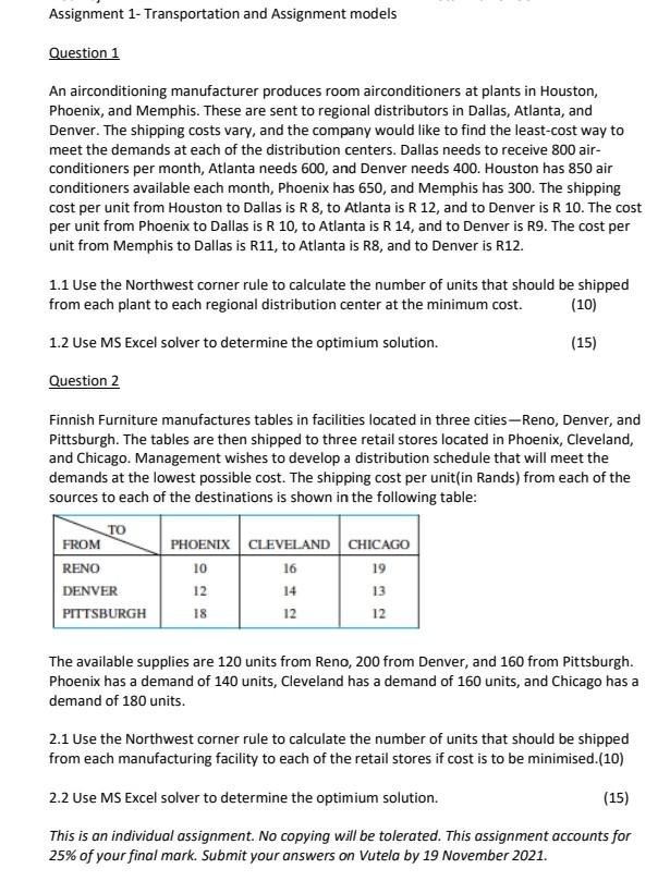 Solved Assignment 1- Transportation And Assignment Models | Chegg.com