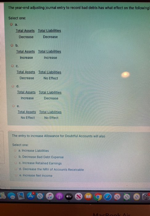 Solved The year-end adjusting journal entry to record bad | Chegg.com