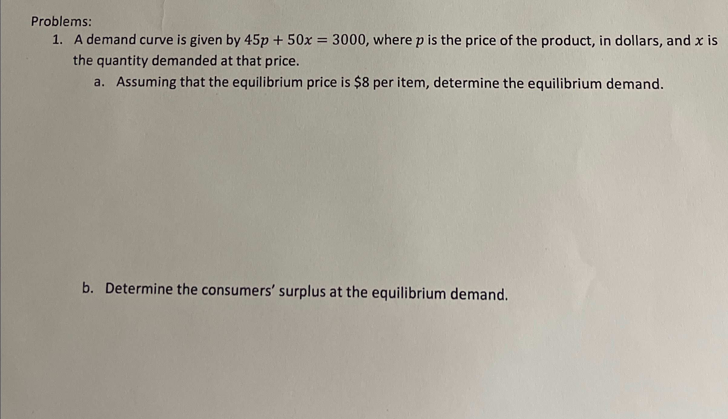 Solved Problems:A demand curve is given by 45p+50x=3000, | Chegg.com