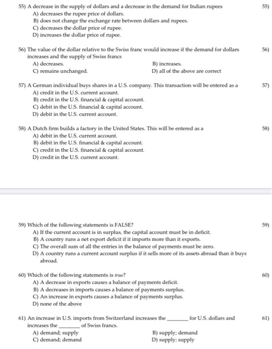 Solved 55 56 55 A Decrease In The Supply Of Dollars An Chegg Com