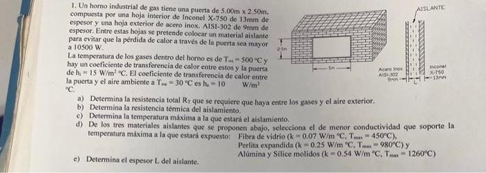 1. Un homo industrial de gas tiene una puerta de \( 5.00 \mathrm{~m} \times 2.50 \mathrm{~m} \), compuesta por una hoja inter