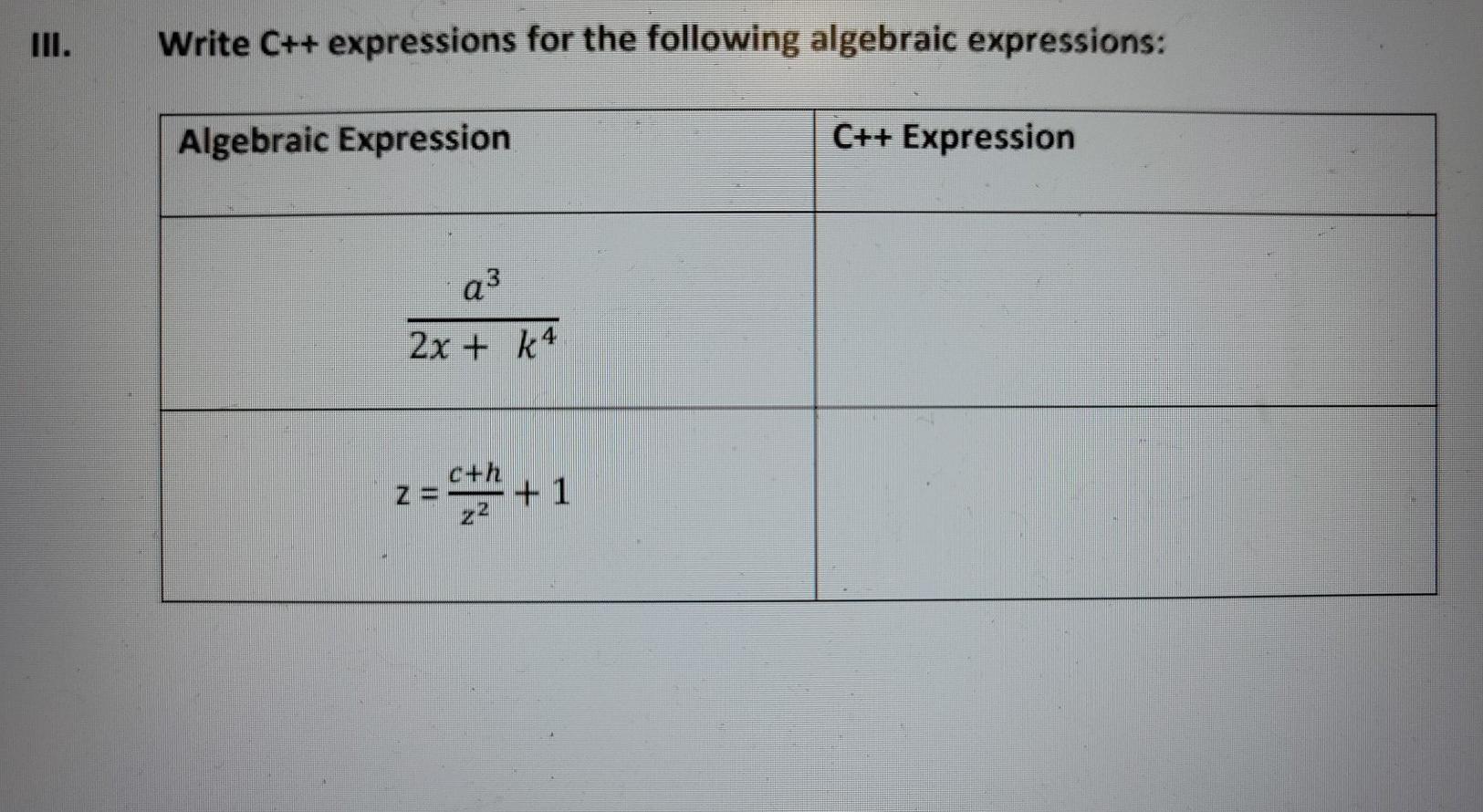 Solved Write C++ expressions for the following algebraic | Chegg.com