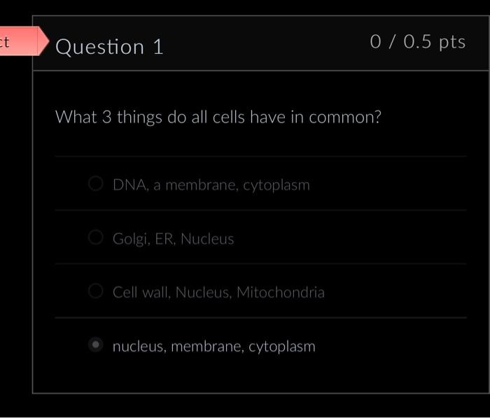 Solved Question 1 0/0.5 pts What 3 things do all cells have | Chegg.com